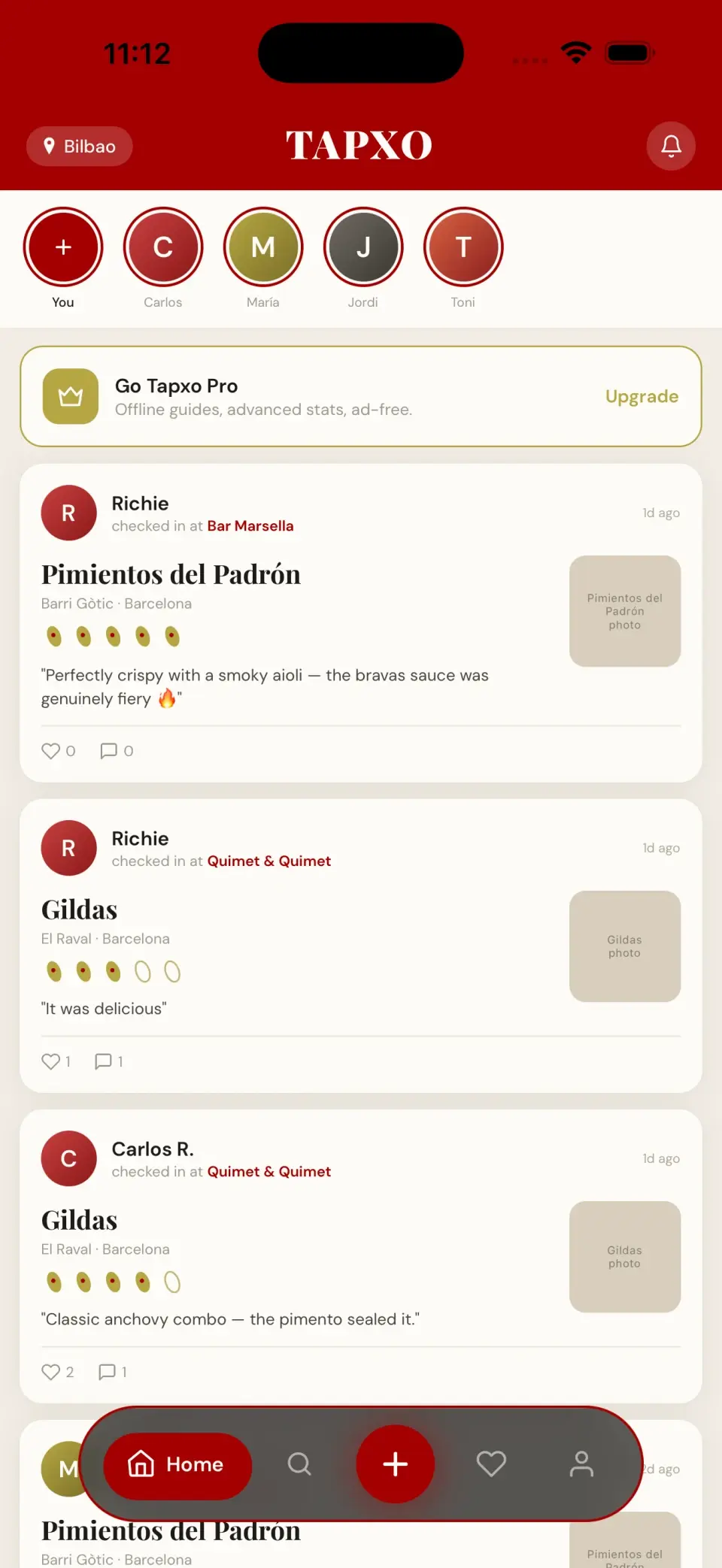 Tapxo home feed showing friends' recent tapas check-ins