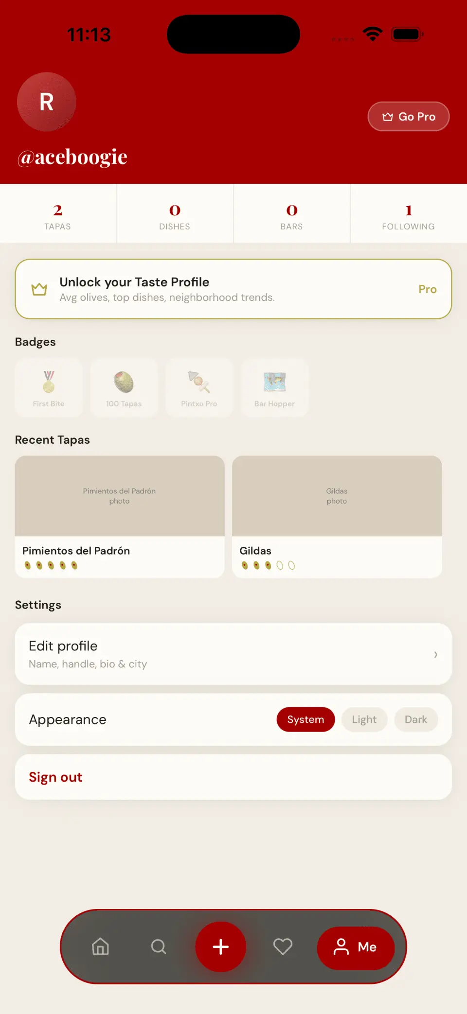 Tapxo profile screen with badges, stats, and recent tapas